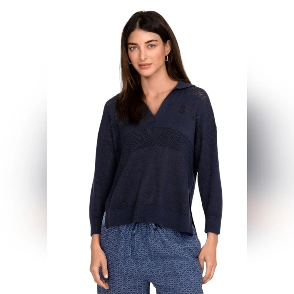 JOHNNY WAS Calme Pullover Sweater Organic Cotton / Cashmere Dark Blue Size XL